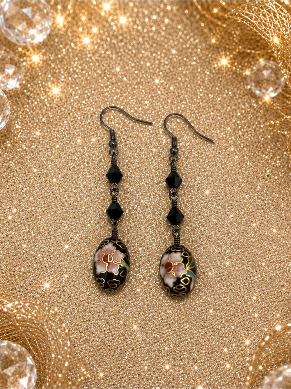 Black Cloisonné & Crystal Wire Wrapped Earrings